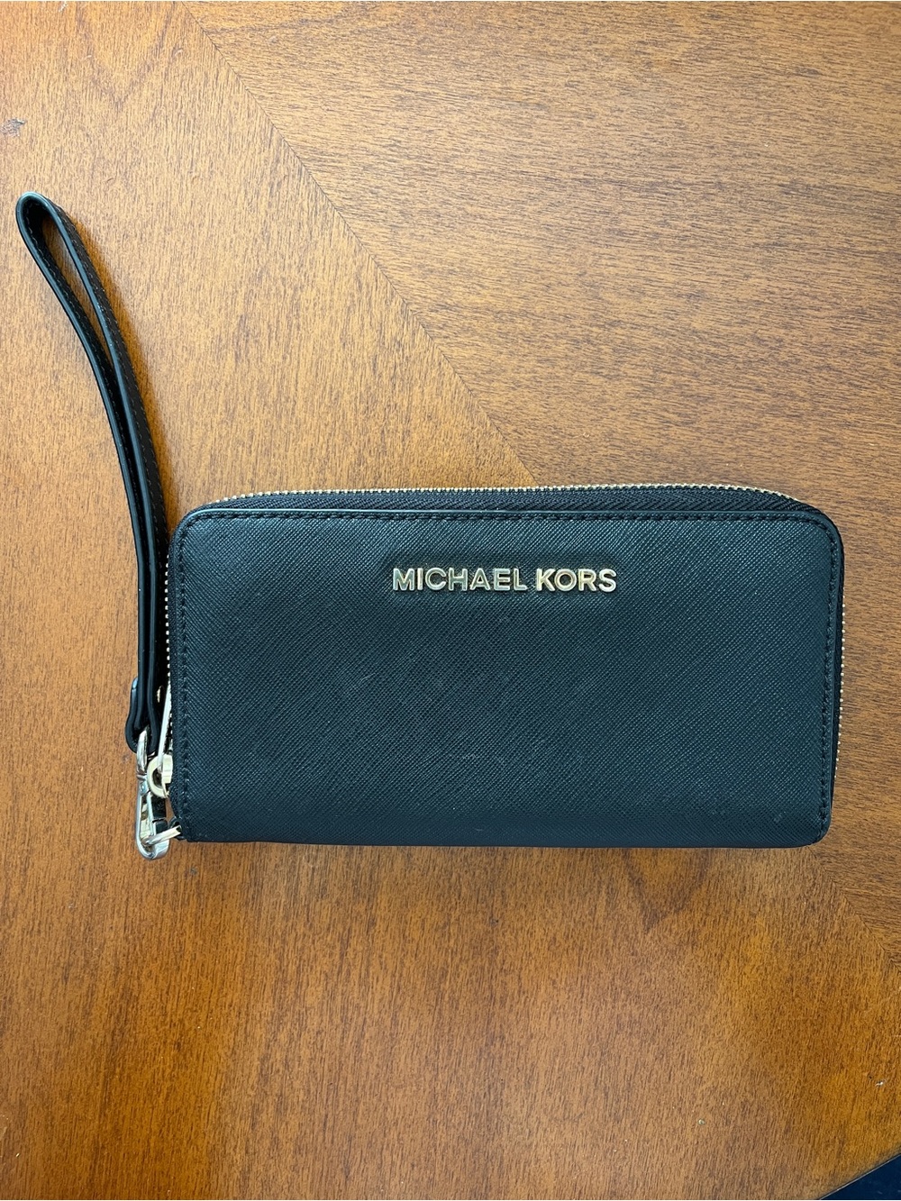 Michael Kors Black Saffiano Zip-Around Wristlet Wallet with Gold Logo